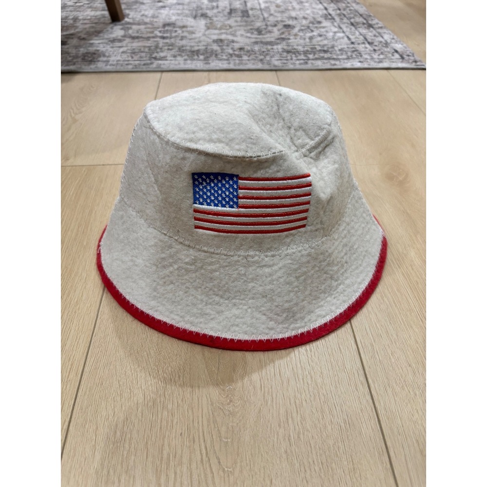 Halsa American Flag Wool Bucket Hat Cream Red Trim Patriotic USA Patch Hat